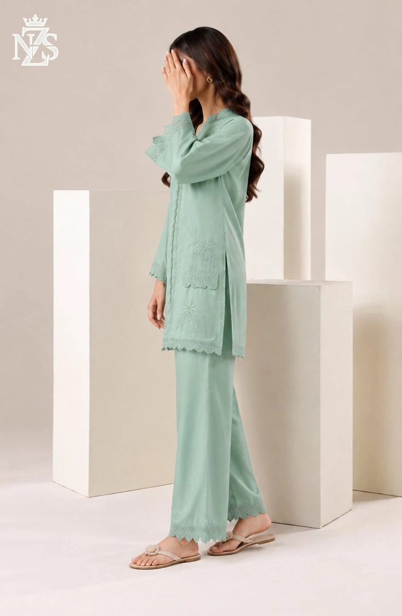 Urooj Embroidered Silk Co-ord 2-Piece Stitched Suit in Mint green - image 3