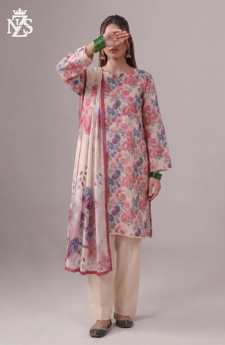 Anabia Printed Lawn 3-Piece Stitched Suit in Pink floral - image 1
