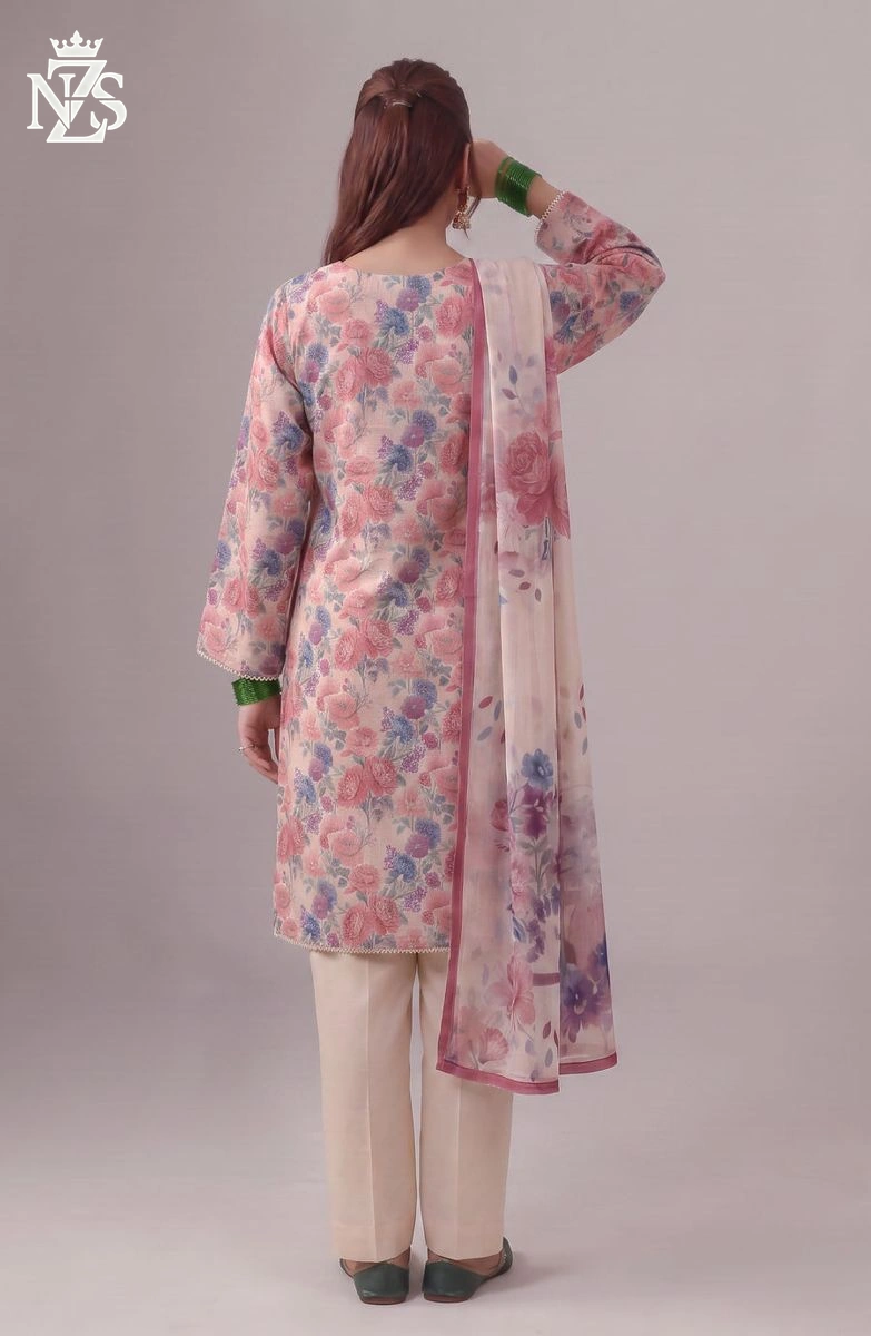 Anabia Printed Lawn 3-Piece Stitched Suit in Pink floral - image 2