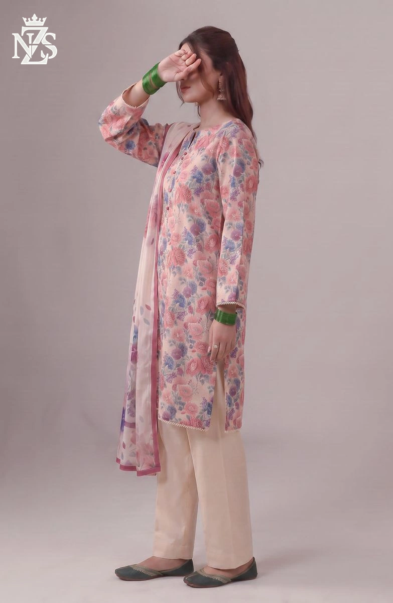Anabia Printed Lawn 3-Piece Stitched Suit in Pink floral - image 3