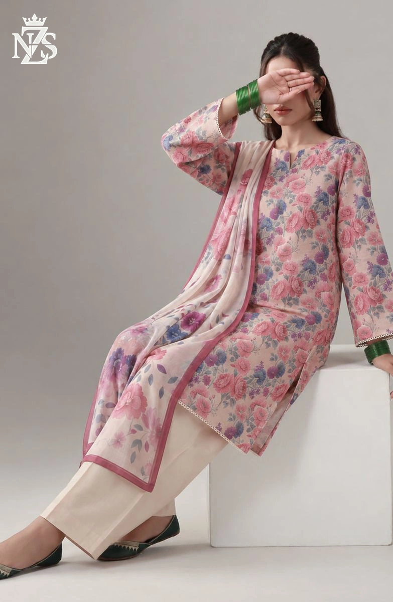Anabia Printed Lawn 3-Piece Stitched Suit in Pink floral - image 4