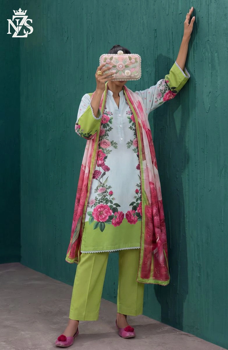 Mehwish Embroidered Cotton 3-Piece Stitched Suit in White & lime green - image 1