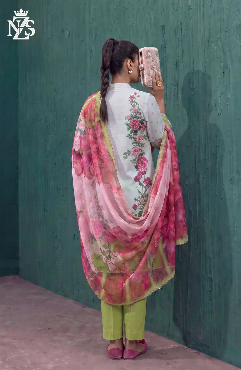 Mehwish Embroidered Cotton 3-Piece Stitched Suit in White & lime green - image 2