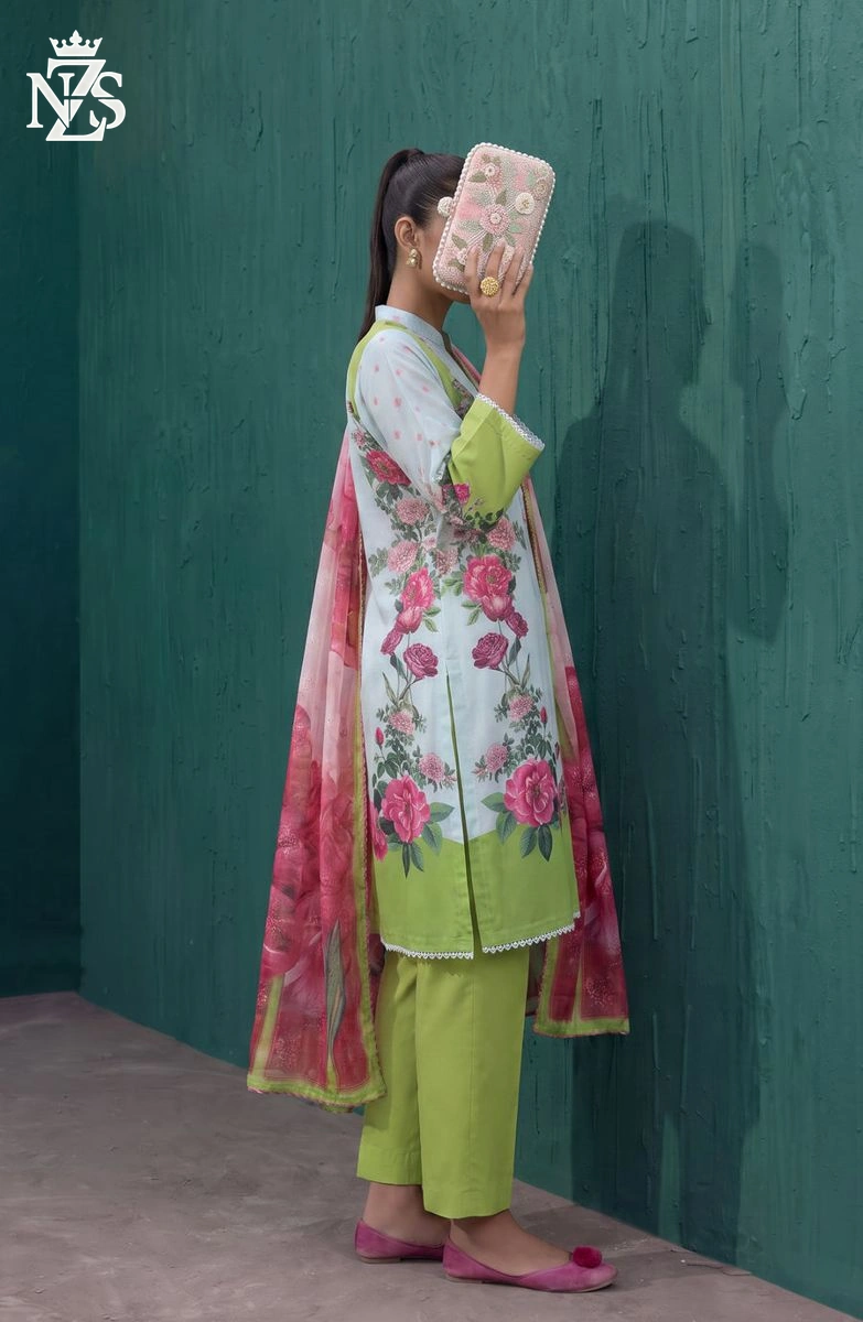 Mehwish Embroidered Cotton 3-Piece Stitched Suit in White & lime green - image 3