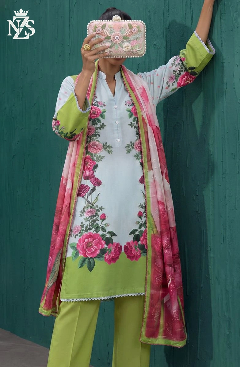 Mehwish Embroidered Cotton 3-Piece Stitched Suit in White & lime green - image 4