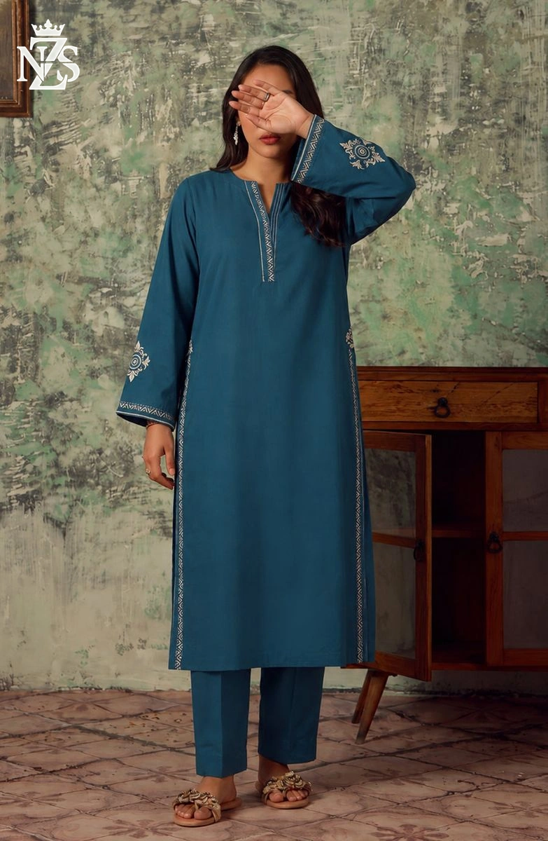 Sundus Embroidered Cotton Co-ord 2-Piece Stitched Suit in Teal blue - image 1