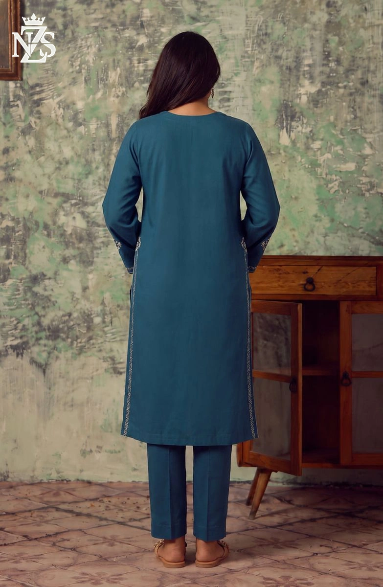 Sundus Embroidered Cotton Co-ord 2-Piece Stitched Suit in Teal blue - image 2