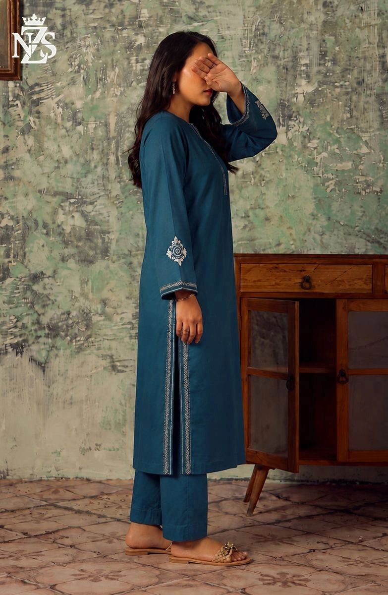 Sundus Embroidered Cotton Co-ord 2-Piece Stitched Suit in Teal blue - image 3
