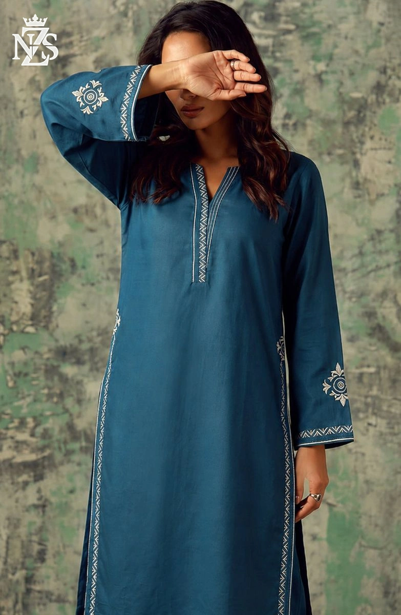 Sundus Embroidered Cotton Co-ord 2-Piece Stitched Suit in Teal blue - image 4