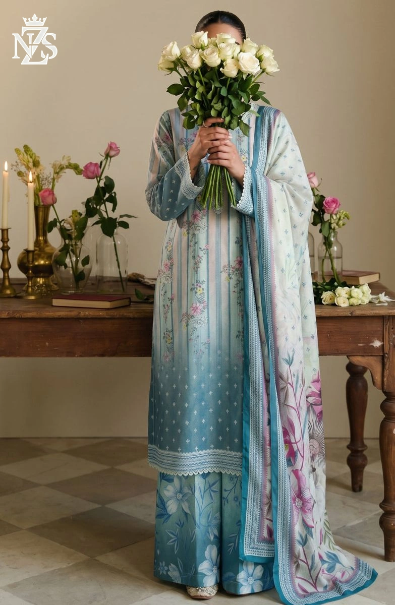 Rukhsar Printed Cambric 3-Piece Stitched Suit in Blue - image 1