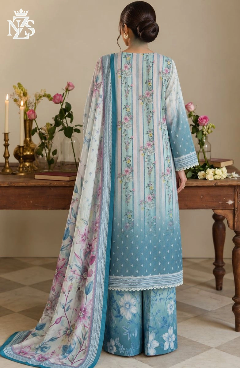 Rukhsar Printed Cambric 3-Piece Stitched Suit in Blue - image 2