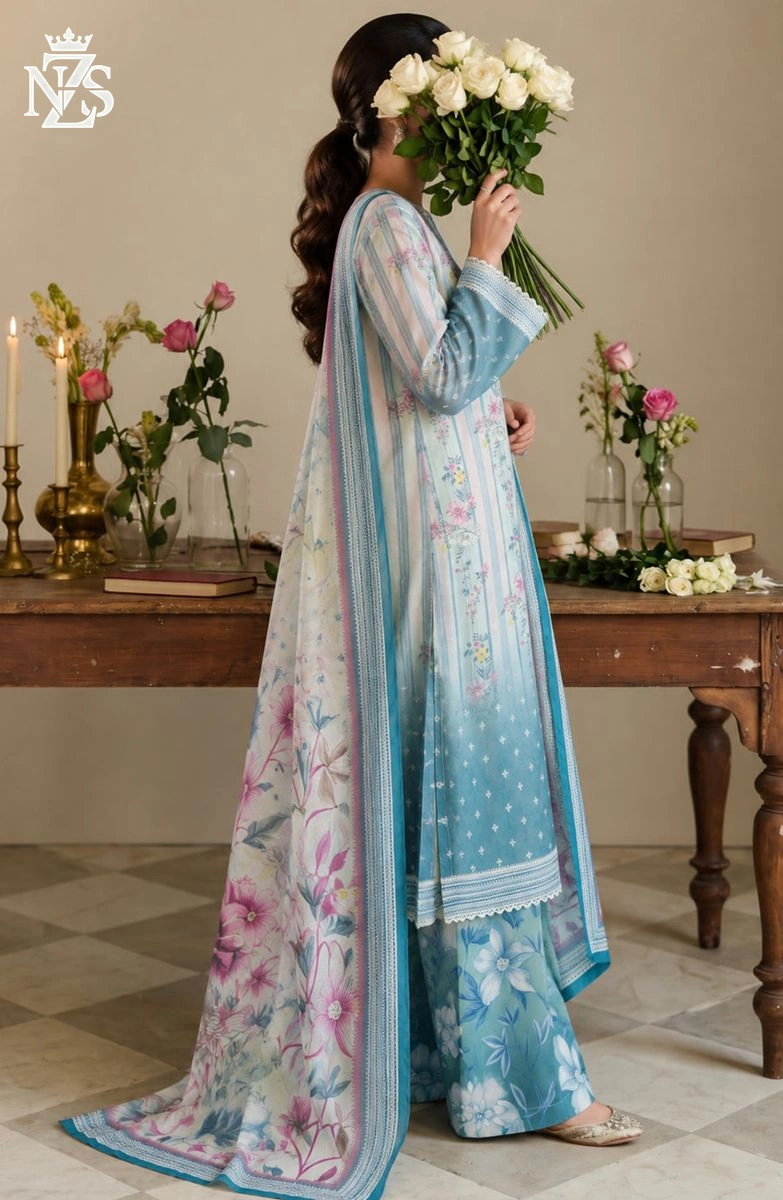 Rukhsar Printed Cambric 3-Piece Stitched Suit in Blue - image 3