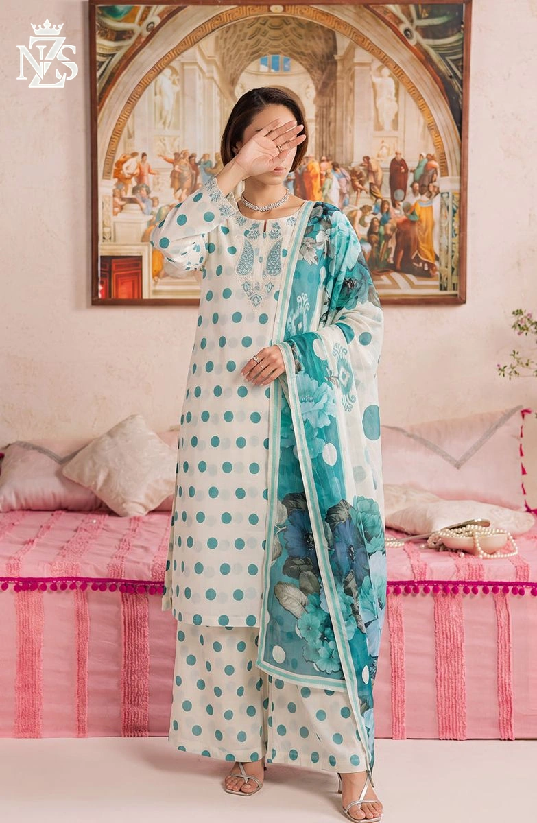 Samreen Embroidered Lawn 3-Piece Stitched Suit in Ferozi polka - image 1