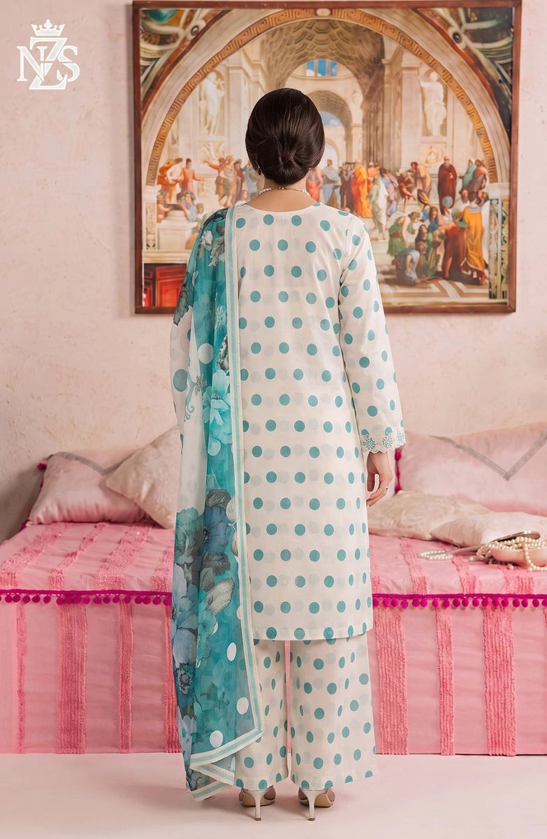 Samreen Embroidered Lawn 3-Piece Stitched Suit in Ferozi polka - image 2
