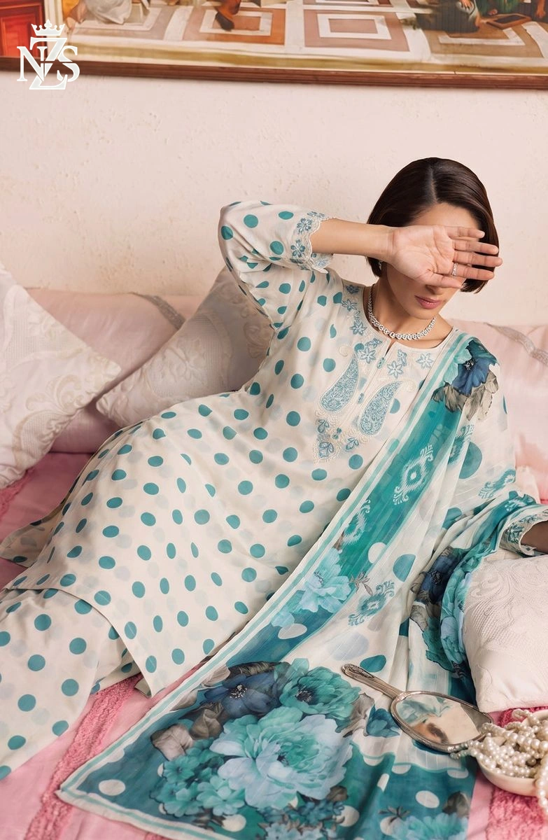 Samreen Embroidered Lawn 3-Piece Stitched Suit in Ferozi polka - image 3