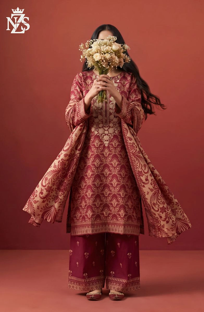Maheen Embroidered Lawn 3-Piece Stitched Suit in Maroon - image 1