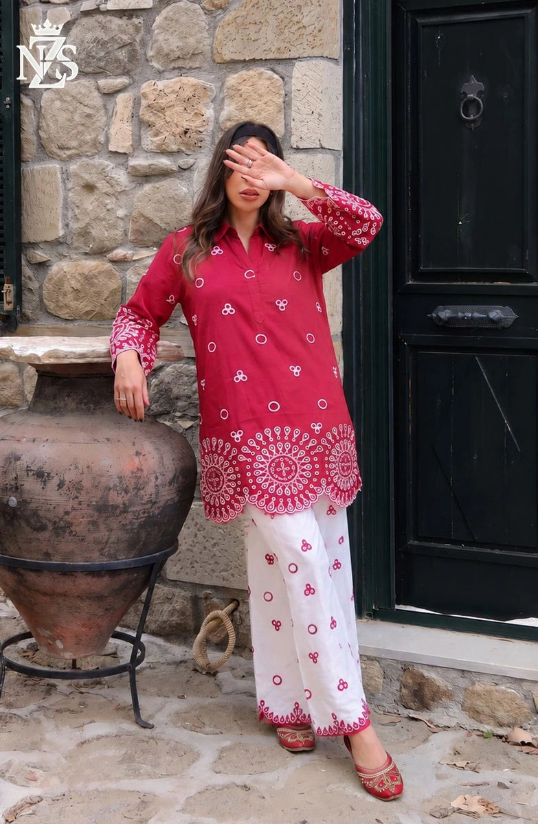 Zoha Embroidered Lawn 2-Piece Stitched Suit in Hot pink & white - image 1