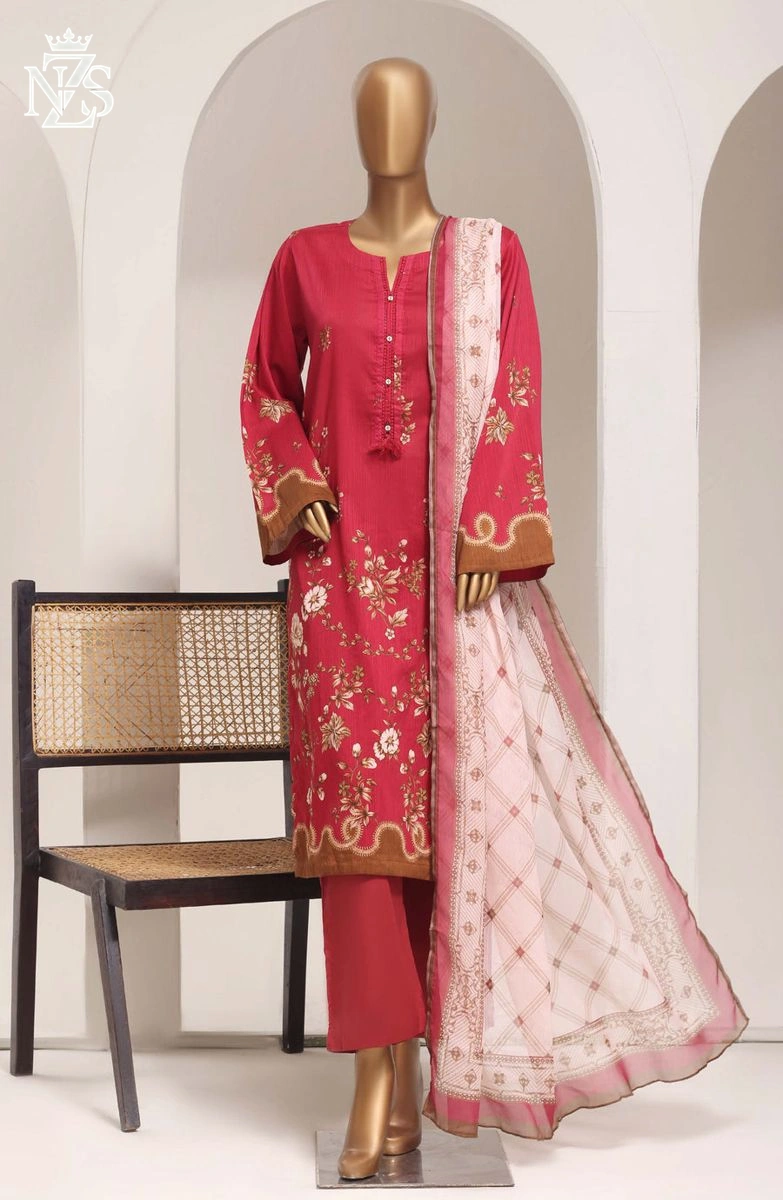 Arwa Printed Lawn 3-Piece Stitched Suit in Red - image 1