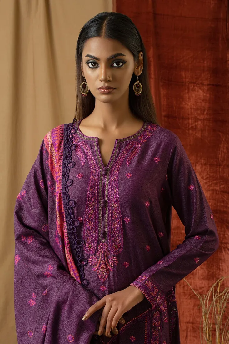Plum Purple Embroidered Karandi 3-Piece Winter Collection - image 1