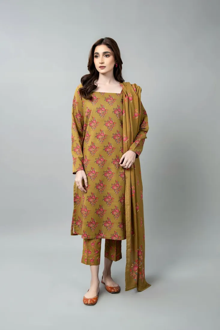 Olive Green Printed Slub Khaddar 3-Piece Winter Collection - image 1