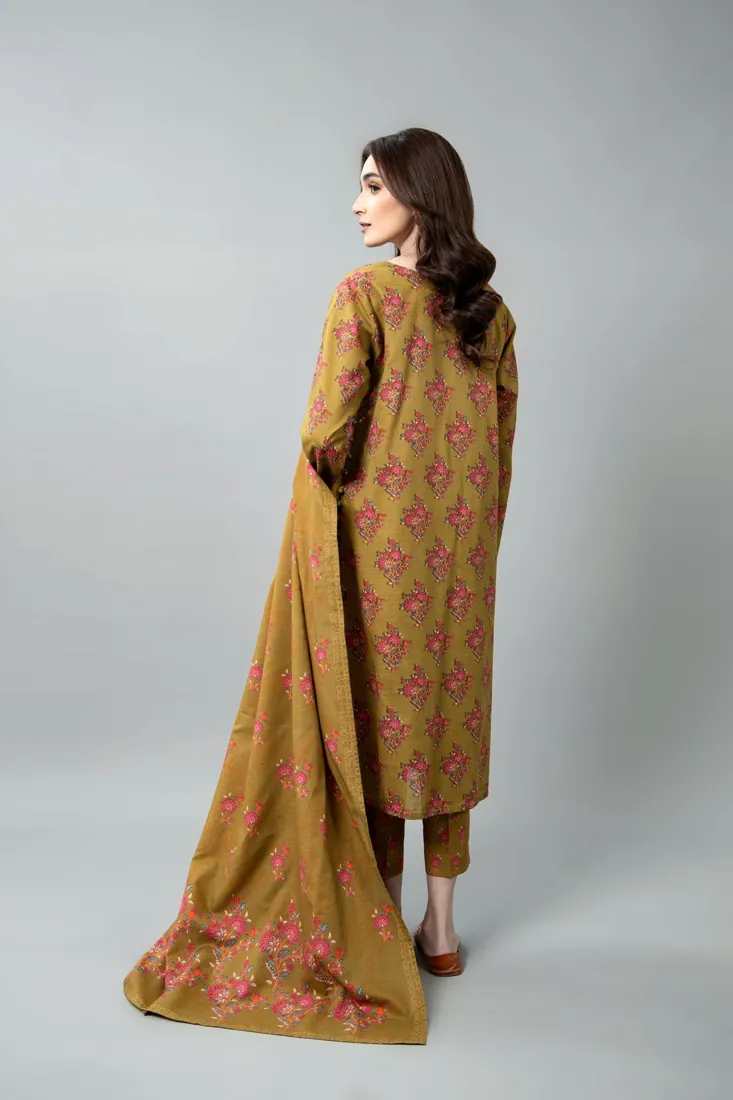 Olive Green Printed Slub Khaddar 3-Piece Winter Collection - image 2