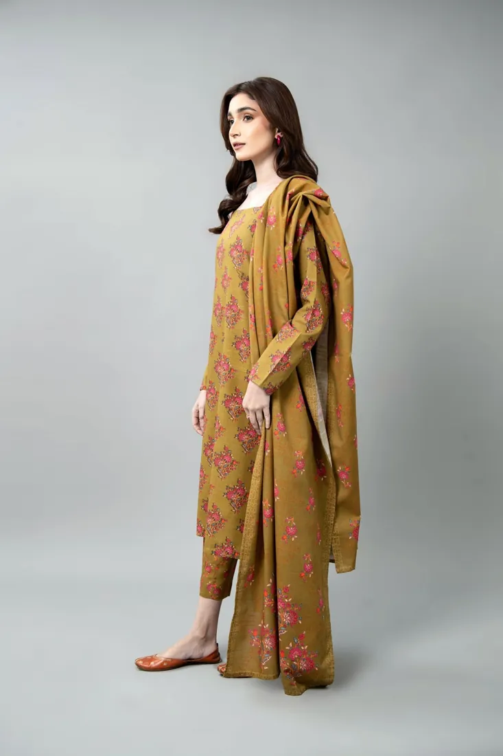 Olive Green Printed Slub Khaddar 3-Piece Winter Collection - image 3