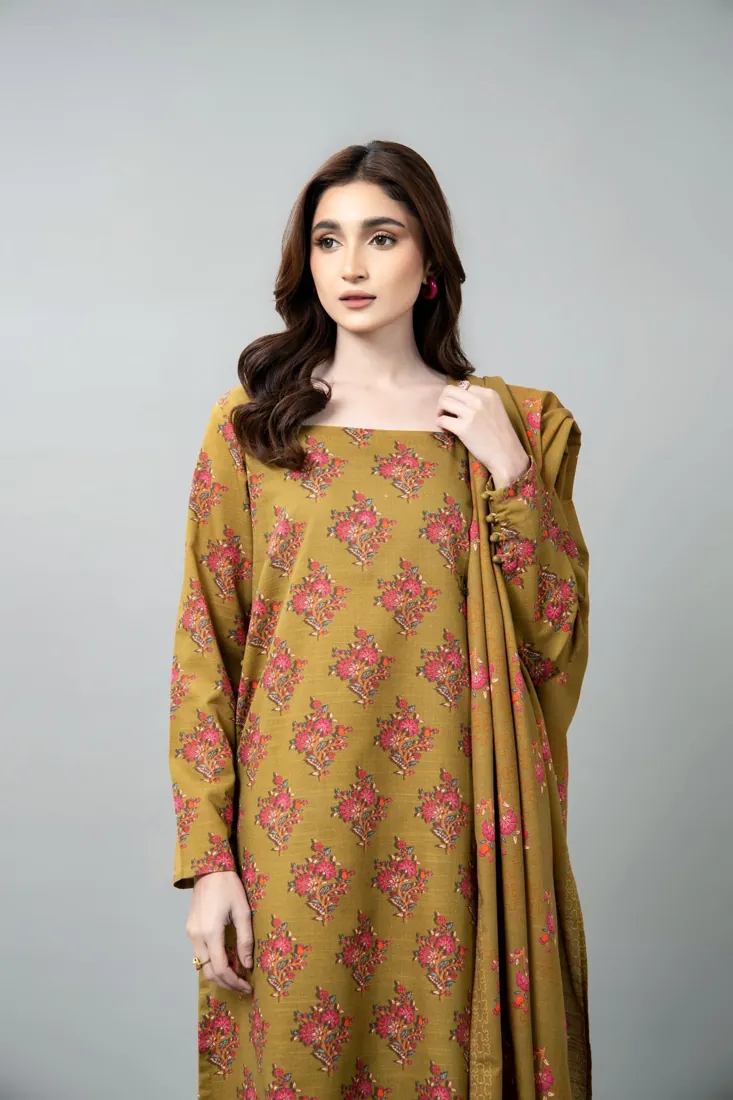 Olive Green Printed Slub Khaddar 3-Piece Winter Collection - image 4