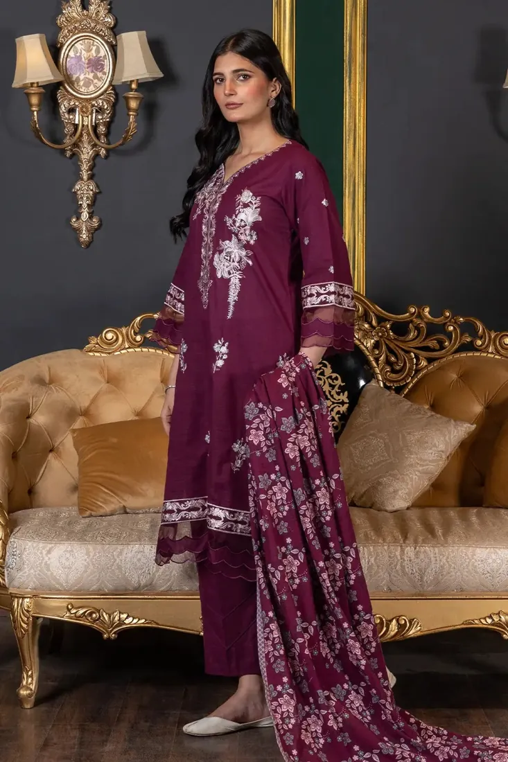 Plum Embroidered Khaddar 3-Piece Winter Collection - image 3