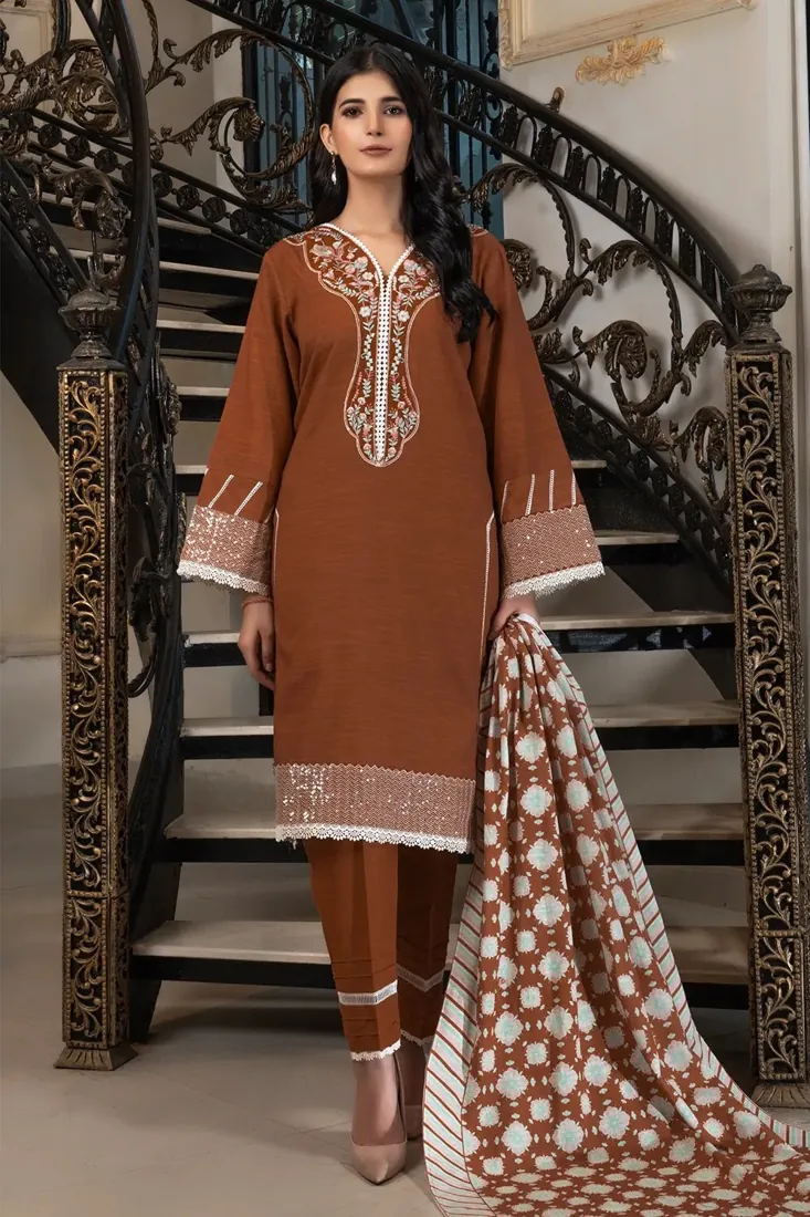 Brown Embroidered Khaddar 3-Piece Winter Collection - image 1