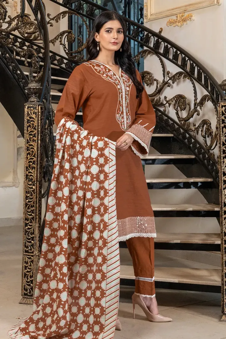 Brown Embroidered Khaddar 3-Piece Winter Collection - image 3