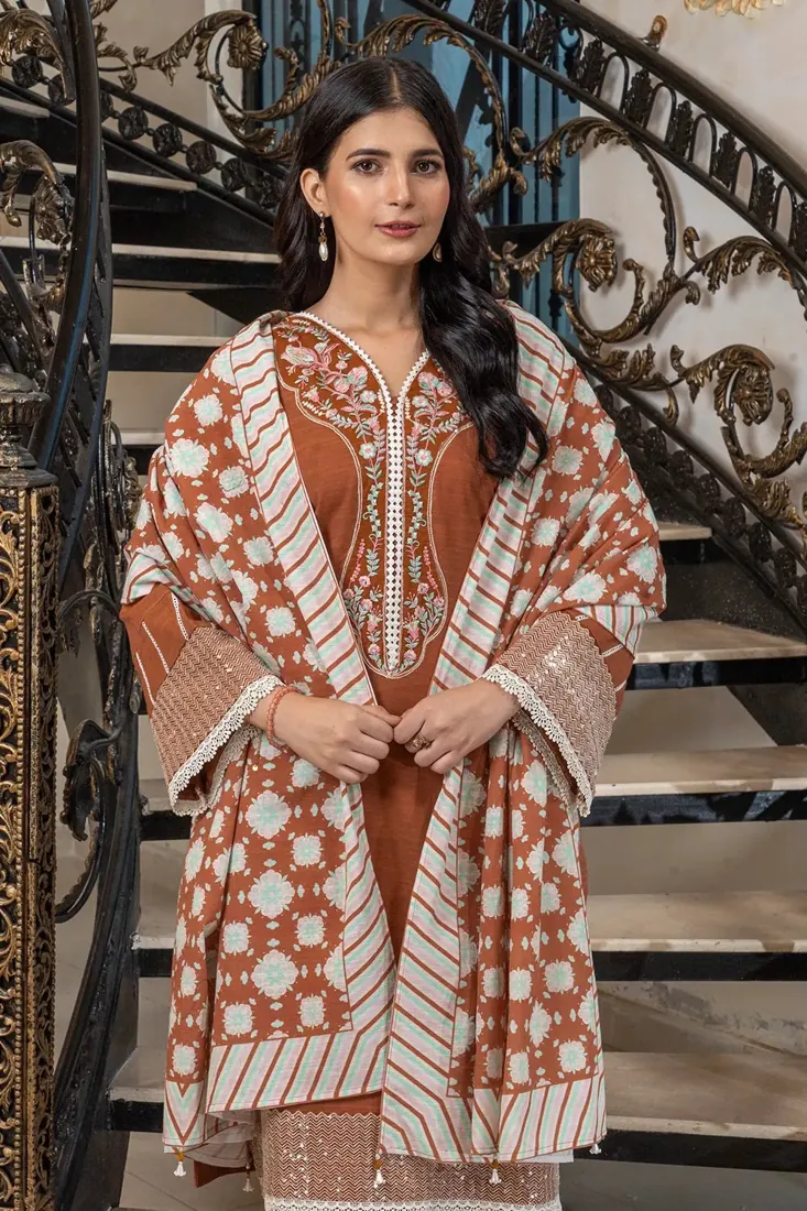 Brown Embroidered Khaddar 3-Piece Winter Collection - image 4