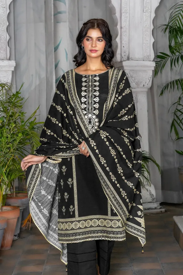 Black Embroidered Printed Khaddar 3-Piece Winter Collection - image 4