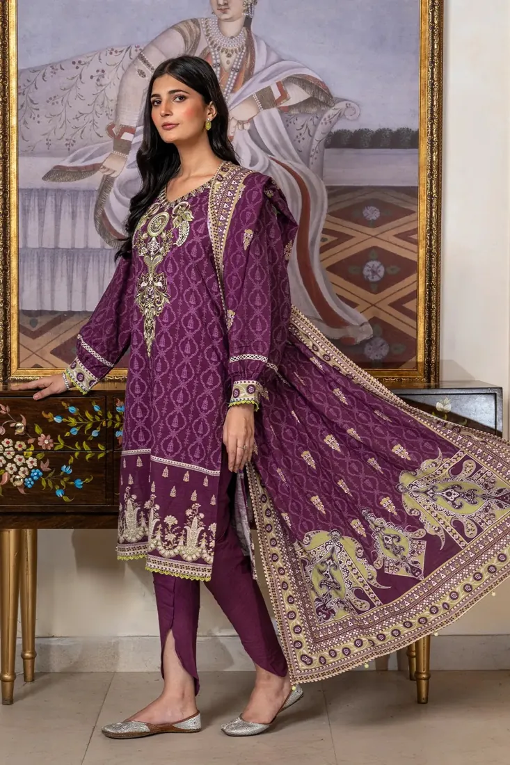Purple Embroidered Printed Khaddar 3-Piece Winter Collection - image 3