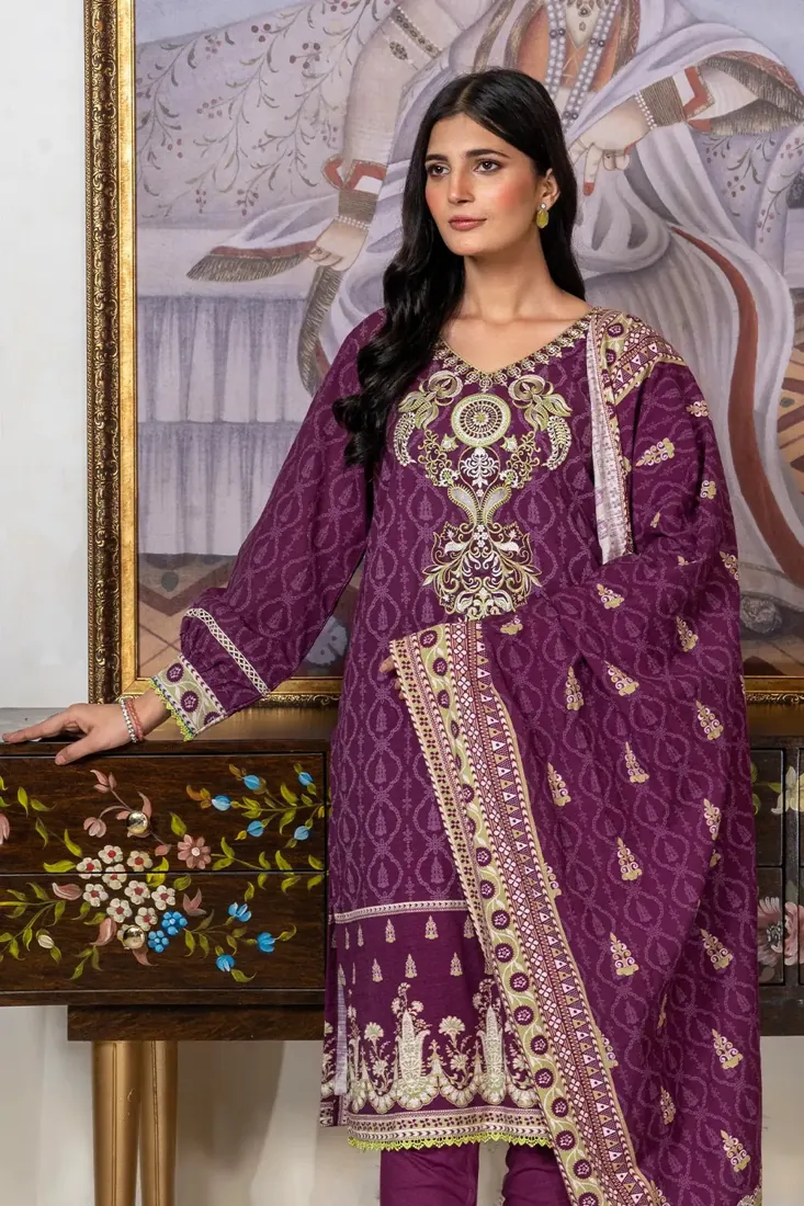 Purple Embroidered Printed Khaddar 3-Piece Winter Collection - image 4