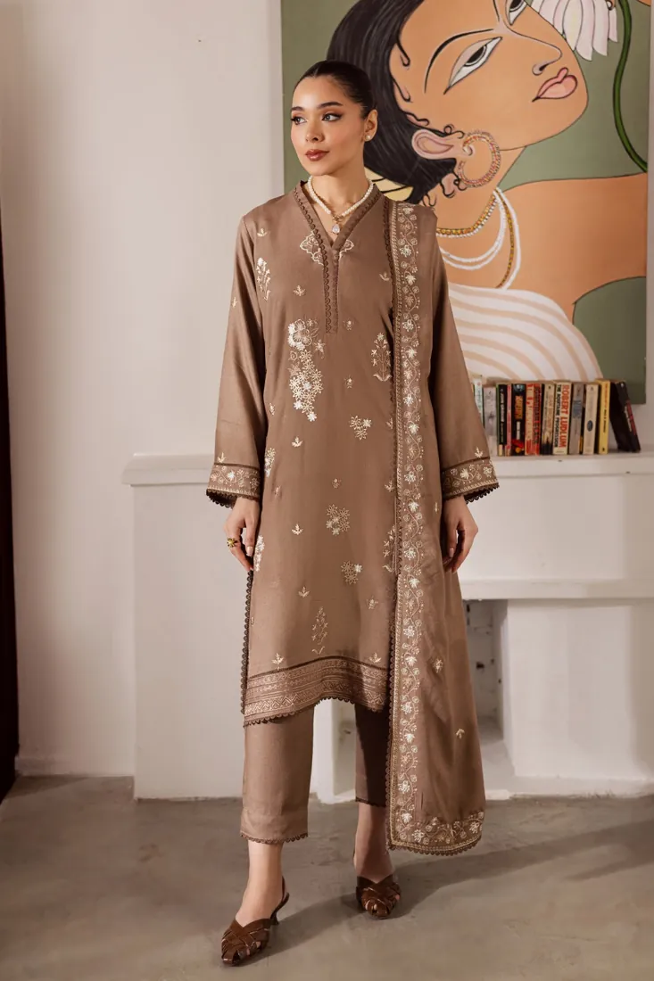Mocha Brown Embroidered Karandi 3-Piece Winter Collection - image 1