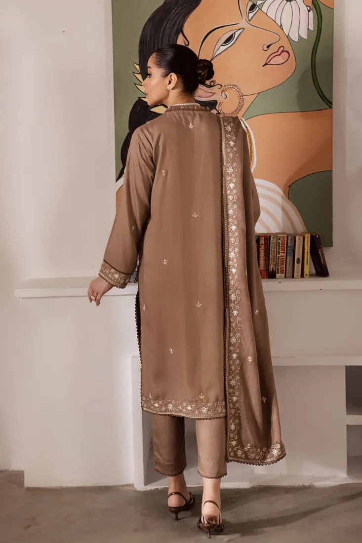 Mocha Brown Embroidered Karandi 3-Piece Winter Collection - image 2