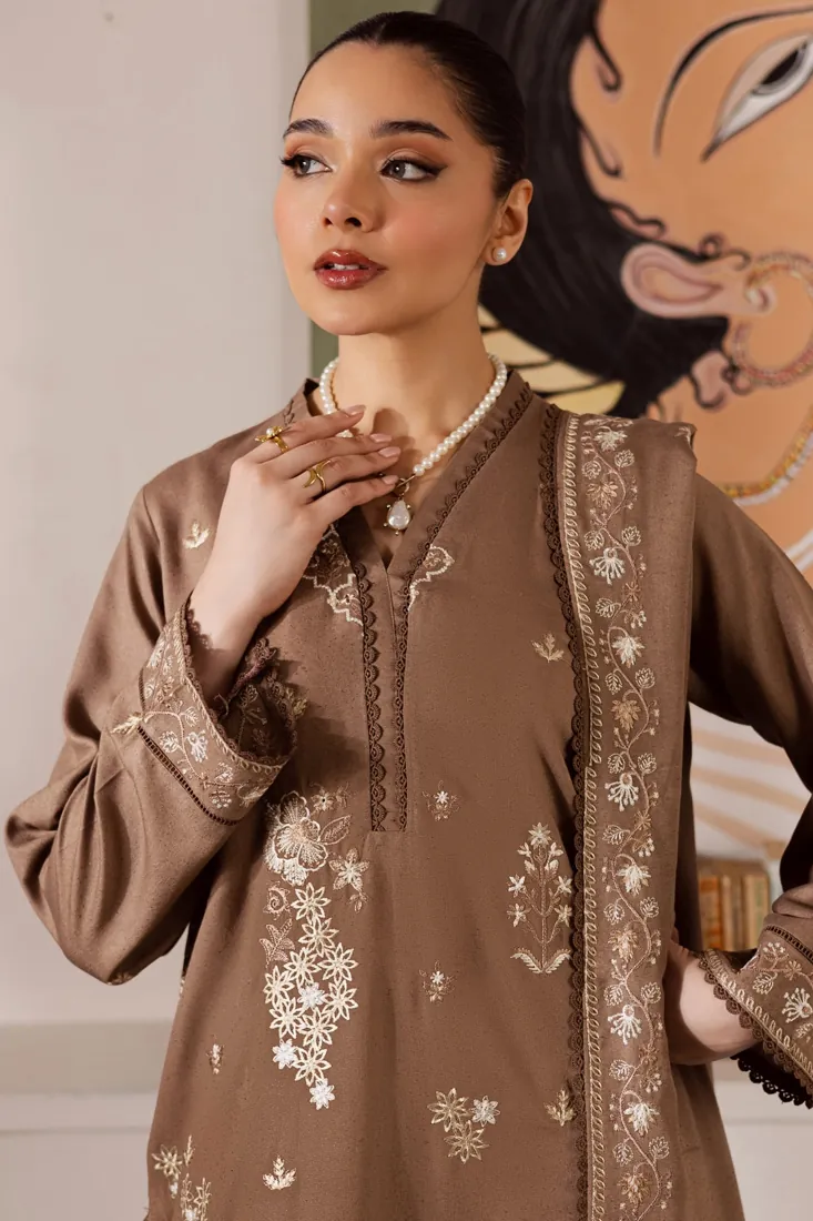 Mocha Brown Embroidered Karandi 3-Piece Winter Collection - image 3