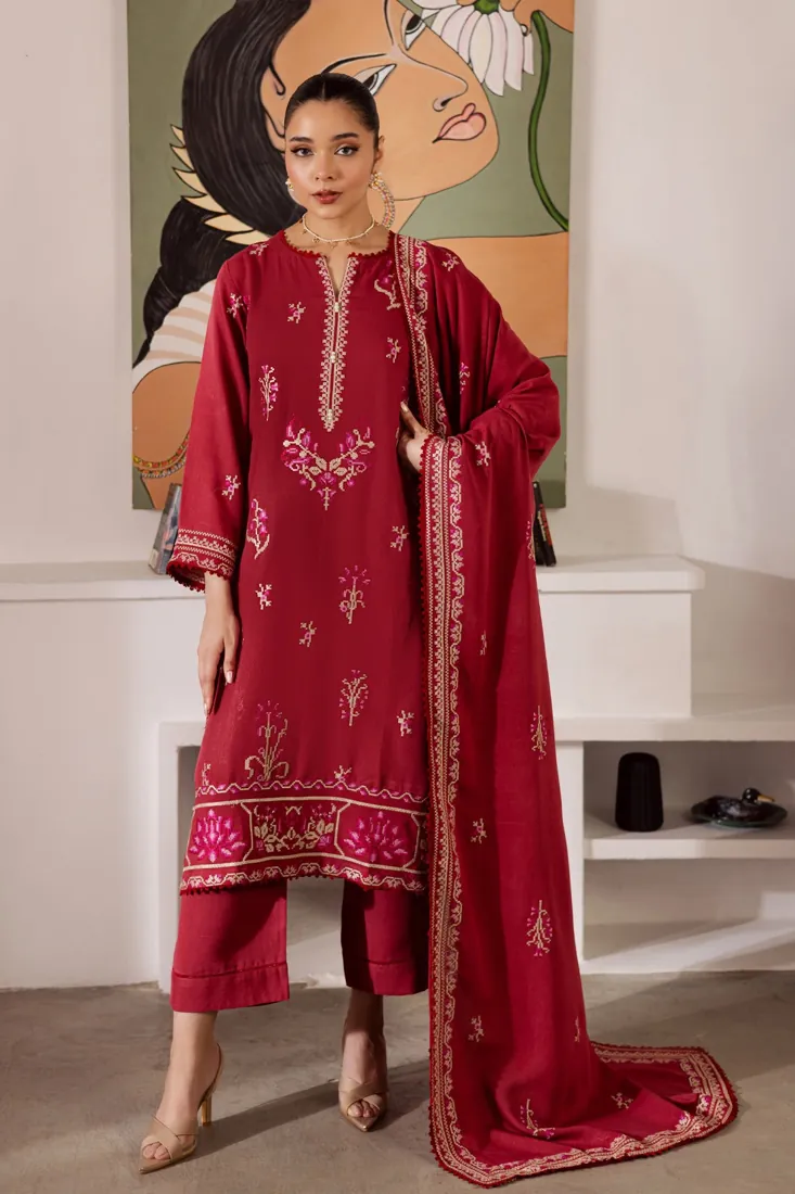 Red Embroidered Karandi 3-Piece Winter Collection - image 1