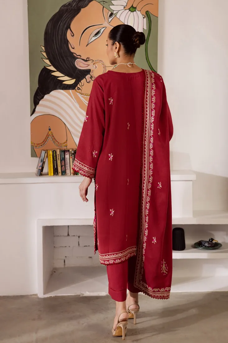 Red Embroidered Karandi 3-Piece Winter Collection - image 2
