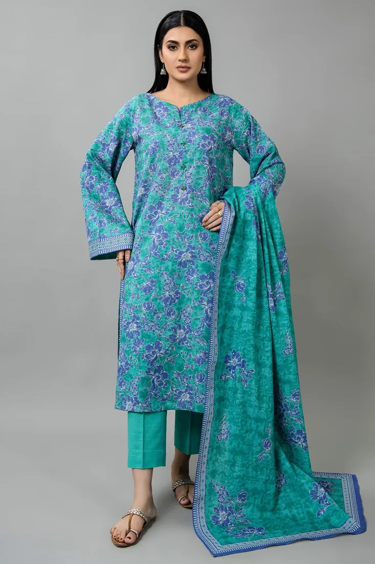 Teal Green Printed Slub Khaddar 3-Piece Winter Collection - image 1