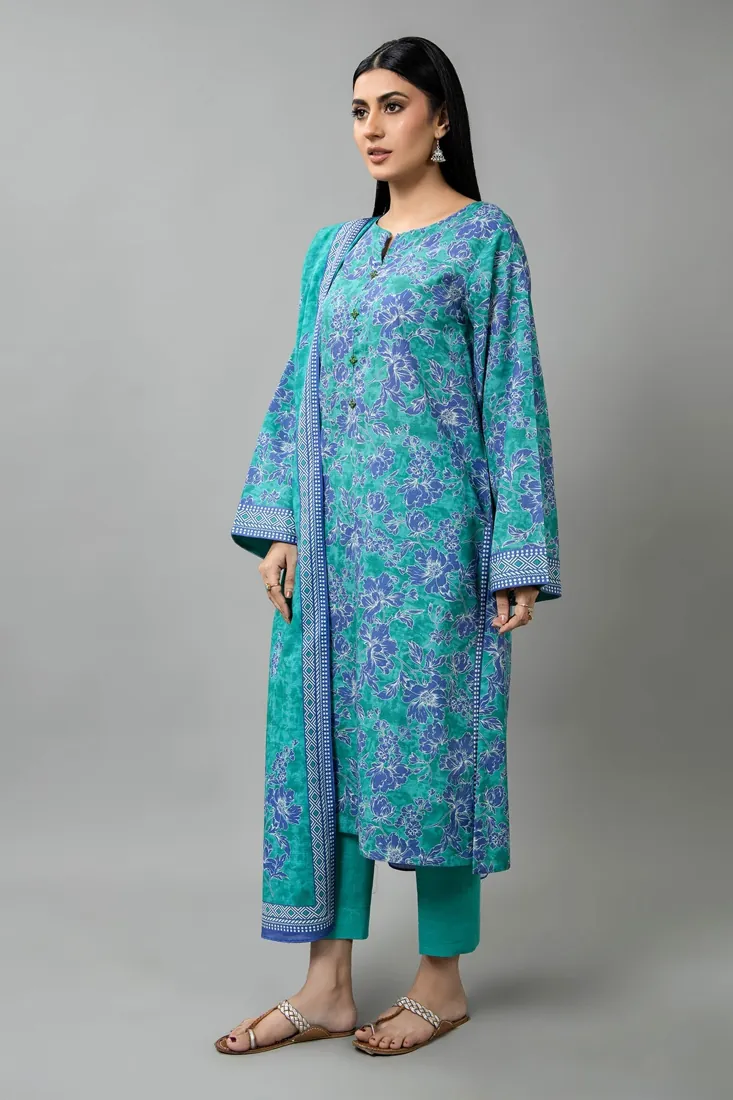 Teal Green Printed Slub Khaddar 3-Piece Winter Collection - image 2