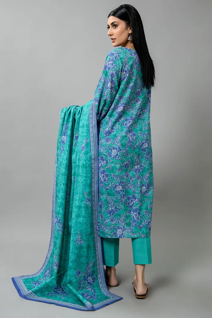 Teal Green Printed Slub Khaddar 3-Piece Winter Collection - image 3