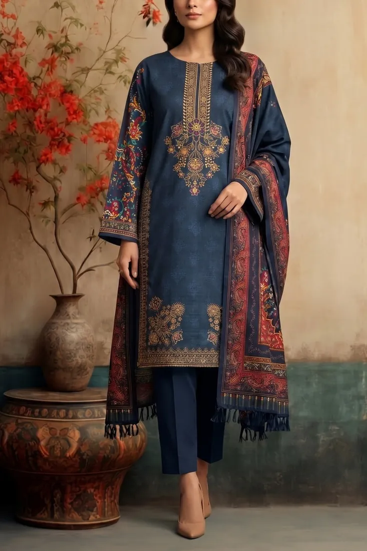Navy Blue Embroidered Khaddar 3-Piece Winter Collection - image 1