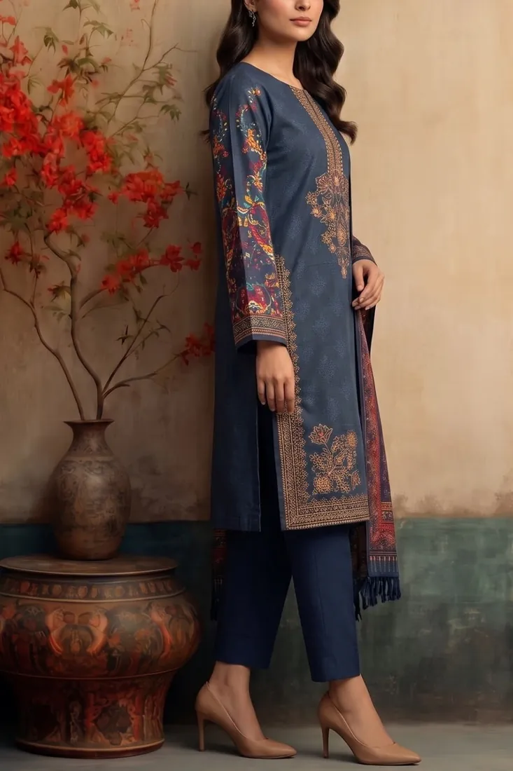 Navy Blue Embroidered Khaddar 3-Piece Winter Collection - image 2