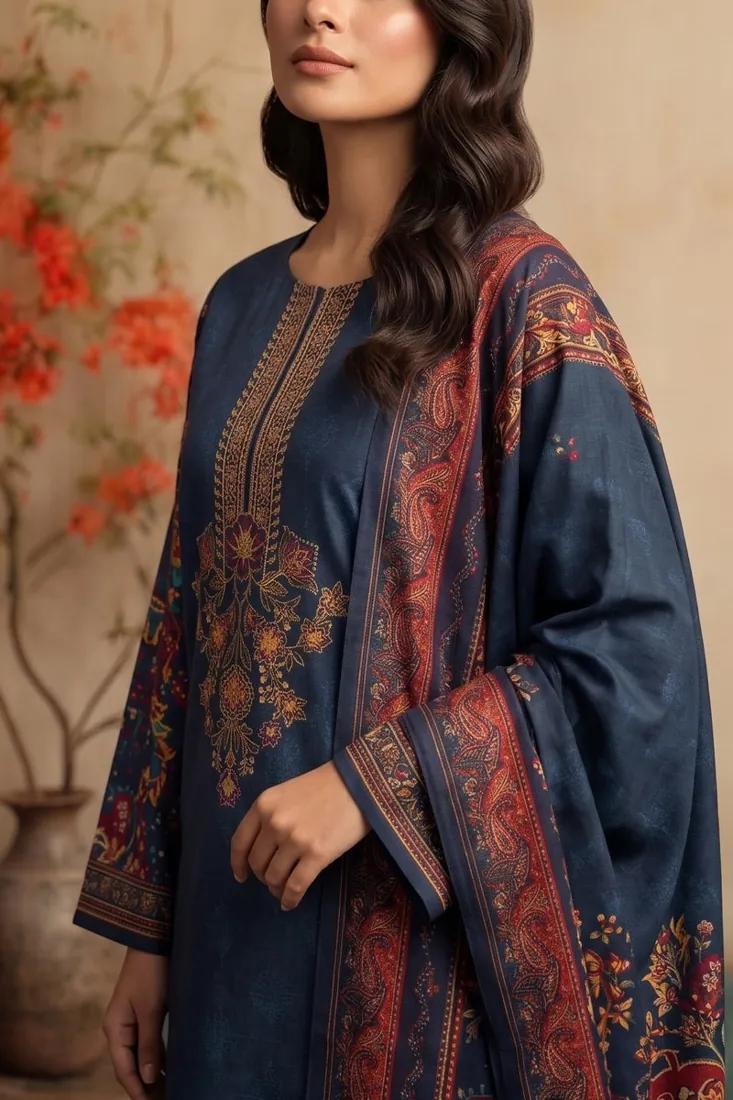Navy Blue Embroidered Khaddar 3-Piece Winter Collection - image 3