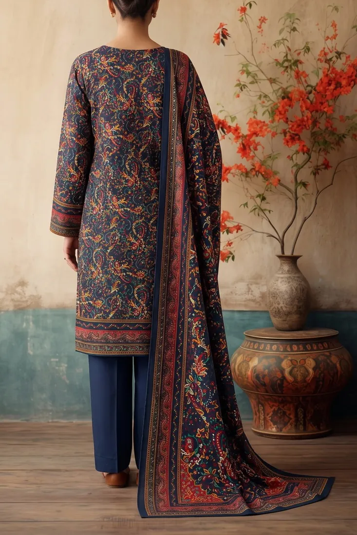 Navy Blue Embroidered Khaddar 3-Piece Winter Collection - image 4
