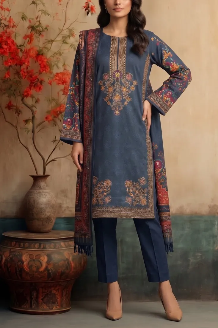 Navy Blue Embroidered Khaddar 3-Piece Winter Collection - image 5