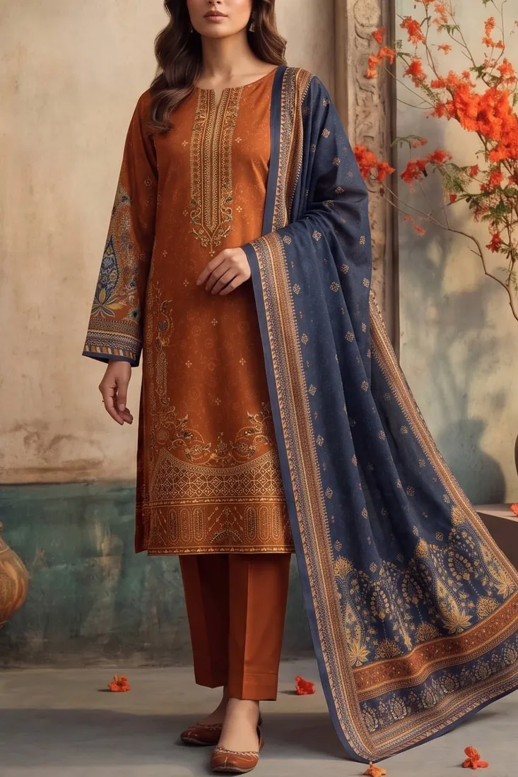 Rust Orange Embroidered Khaddar 3-Piece Winter Collection - image 1