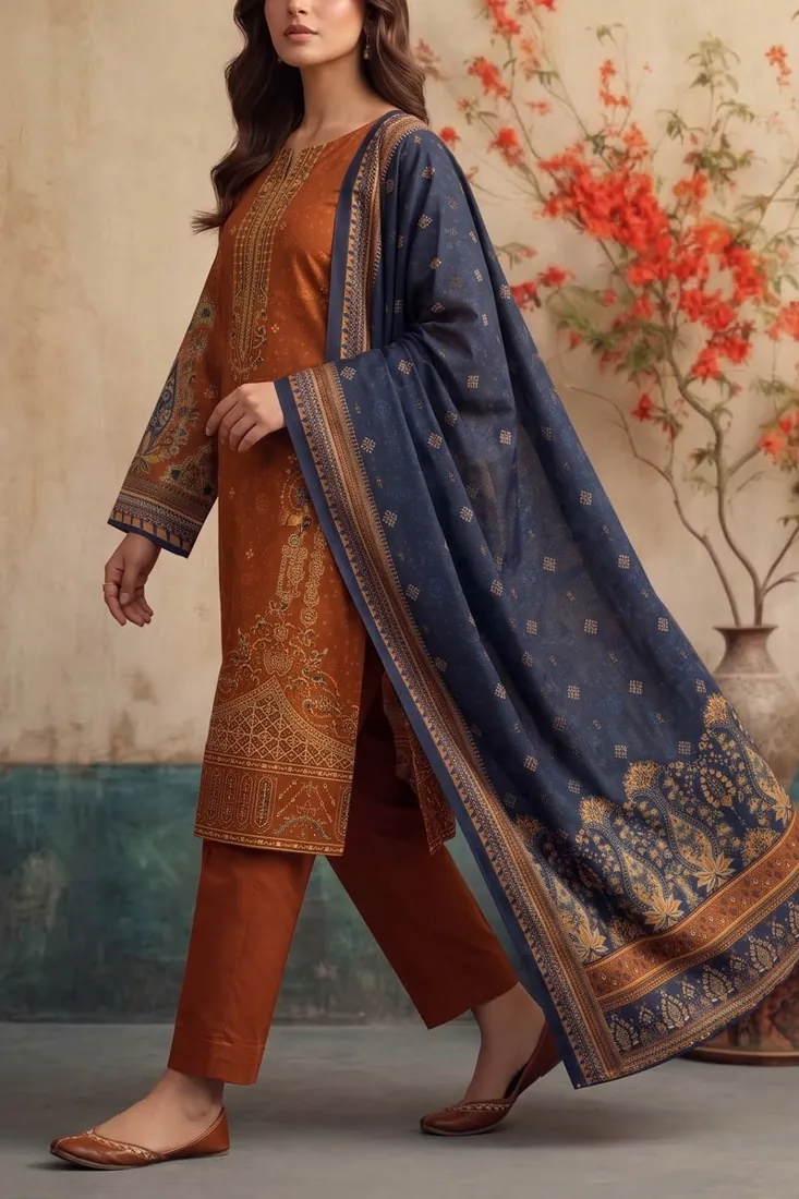 Rust Orange Embroidered Khaddar 3-Piece Winter Collection - image 2