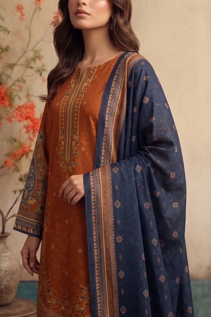Rust Orange Embroidered Khaddar 3-Piece Winter Collection - image 3